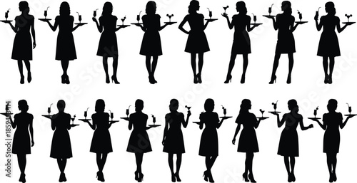 Waitress silhouettes, serving drinks trays, cocktail beverage illustration, hospitality staff art, female figures outline, bar service design, restaurant worker concept