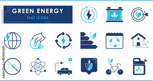A set of flat icons related to Green Energy. Green, clean, current, energy, fuel, carbon dioxide, bicycle, ecology, and so on.