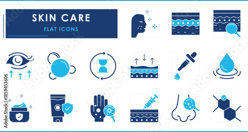 A set of flat icons related to Skin Care. Skin, care, lotion, clean, makeup, skin layer, cream, treatment, and so on.