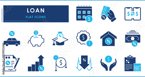 A set of flat icons related to Loan. Debt, money, interest rate, piggy bank, saving, annual, finance, time, and so on.