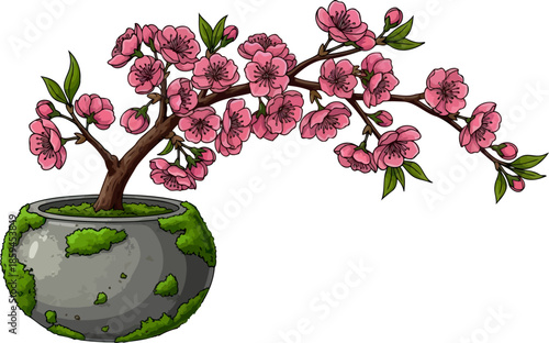 vibrant echoes pink blooms whisper springs renewal in a serene pot, vector isolated on transparent background