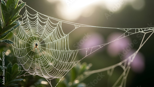 Dew-Covered Spider Web Glistening in Sunlight Amidst Lush Green Foliage