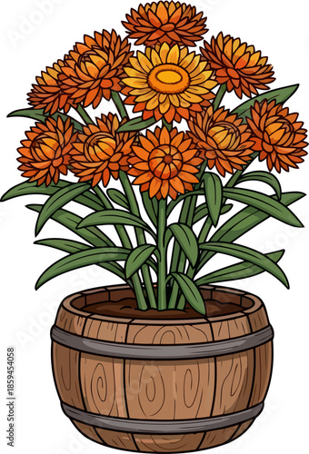 warmth unleashed illustrated rustic barrel overflowing with vibrant autumnal blooms, vector isolated on transparent background