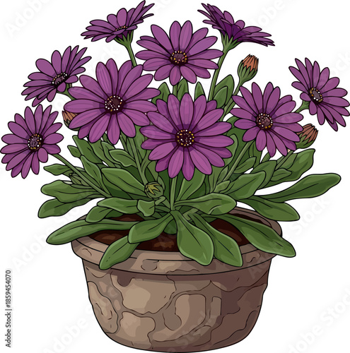 whimsical purple blossom pot cultivating joy and serenity in a handdrawn eden, vector isolated on transparent background