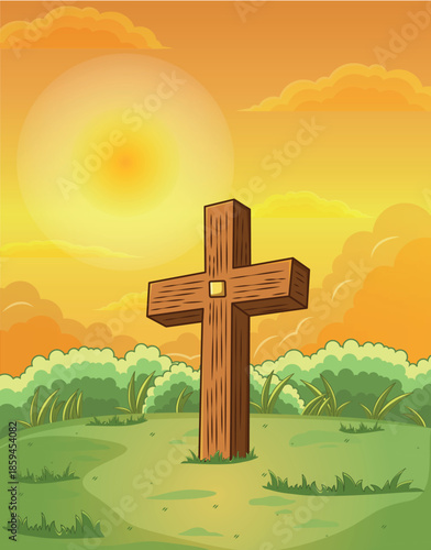 Wooden cross on green meadow at golden sunset sky