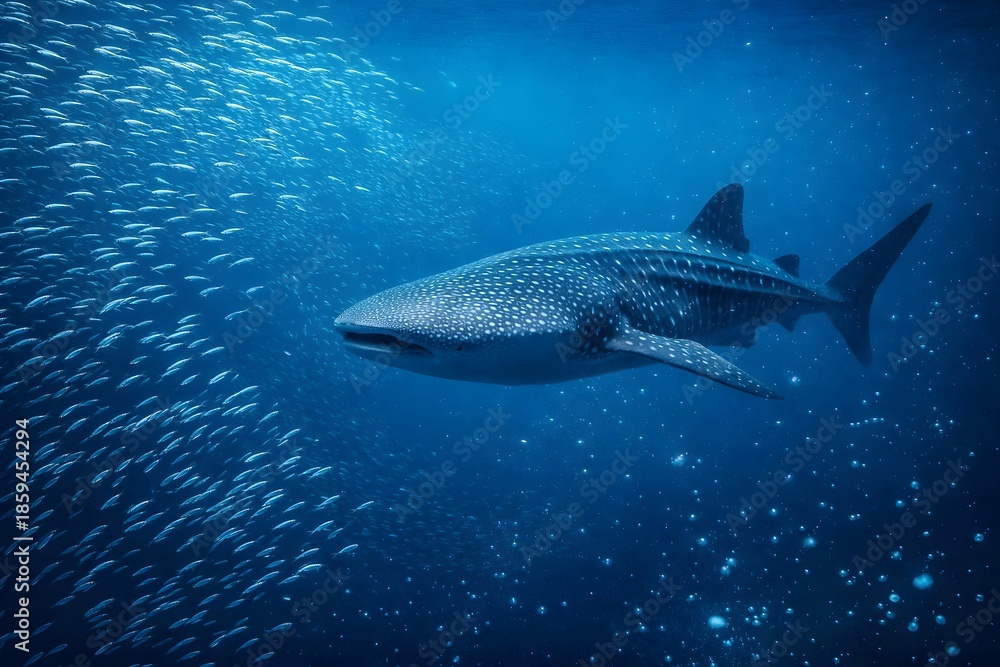 Fototapeta premium Whale shark swimming underwater with school of fish