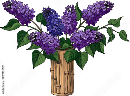 whispers of spring illustrated lilacs in a natural bamboo embrace, vector isolated on transparent background