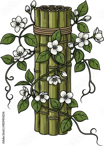 zen bloom harmonious vines weaving tranquility around resilient bamboo essence, vector isolated on transparent background