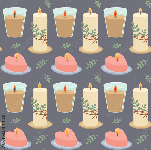 Seamless pattern with candles of different shapes. Colorful background with cozy objects