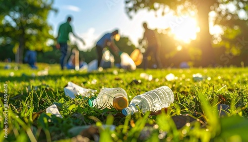 Community volunteers diligently clean up plastic pollution from a lush green park at sunset, symbolizing environmental responsibility and collective efforts for a cleaner planet