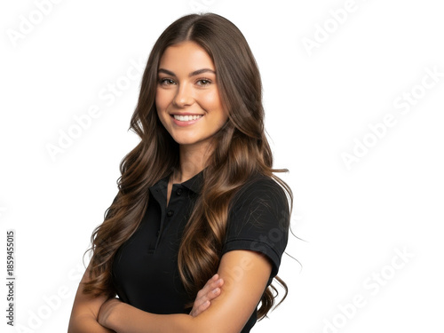 Beautiful young woman with long wavy brown hair wearing a black polo shirt, smiling confidently with arms crossed. isolated on transparent background