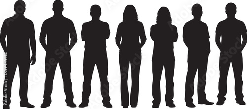Seven anonymous people silhouettes standing in a row on white background