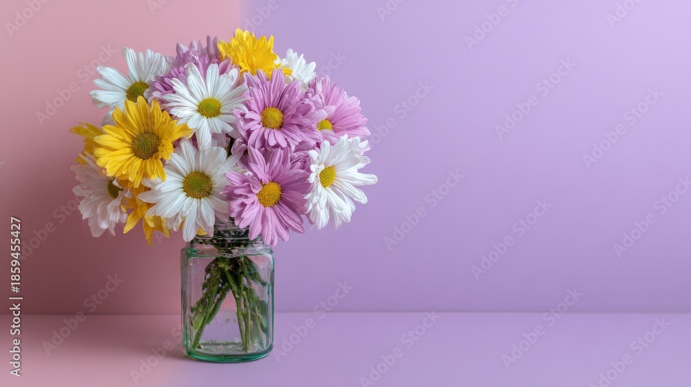 Naklejka premium Colorful bouquet of fresh daisies in transparent glass jar on pastel pink and lavender background, vibrant spring floral