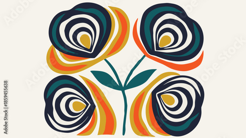 Abstract floral illustration with swirling patterns and vibrant colors on white background