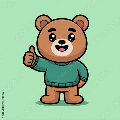Cute cartoon bear wearing a green sweater giving a thumbs up gesture with a happy expression on a light green background.