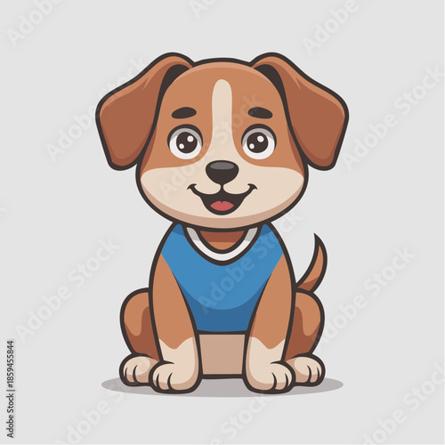 Cute cartoon puppy dog wearing a blue shirt sitting and smiling brightly.