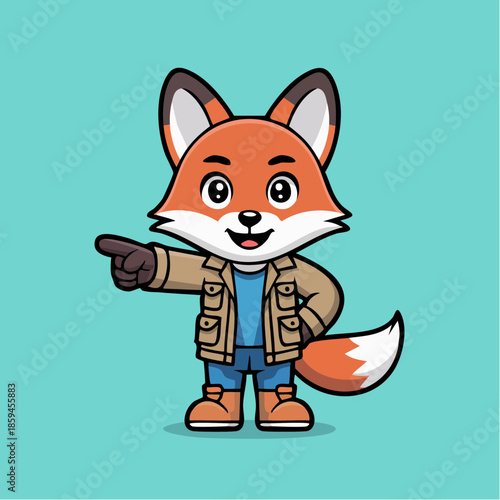 Cute cartoon fox character wearing a jacket and pointing its finger on a solid background.