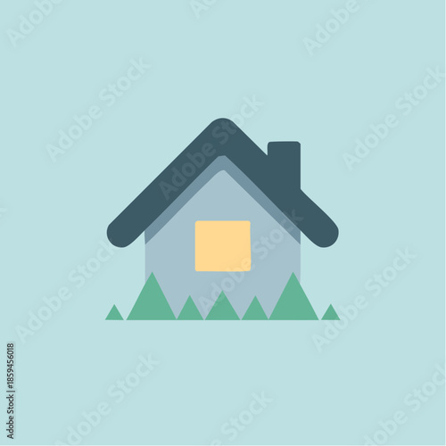 A simple, flat design illustration of a house with a dark roof and a yellow window, surrounded by green grass, set against a light blue background.