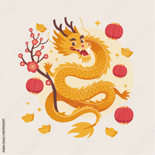 Golden Chinese dragon illustration with lanterns, gold ingots, and plum blossoms, celebrating Lunar New Year.