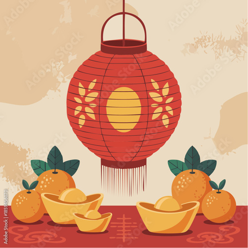 A vibrant illustration of a traditional red Chinese lantern, surrounded by auspicious oranges and golden ingots, symbolizing prosperity.