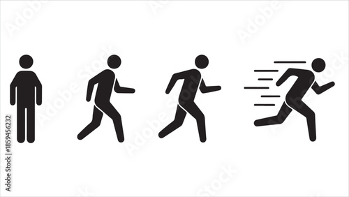  Icon set of a man standing, walking, and running. People symbols illustrating standing, walking, and running. Vector illustration..