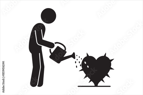 A person carefully watering a heart shaped plant with spiky leaves
