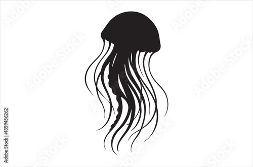 Simple black silhouette of a jellyfish with flowing tentacles displayed on white