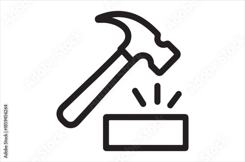 A simple black and white line drawing of a hammer hitting a block