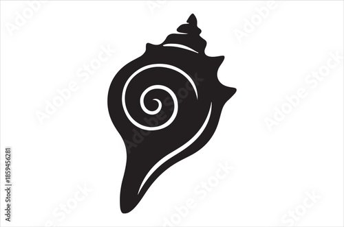 A striking black and white illustration of a spiraling seashell design