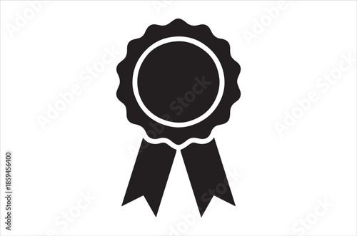Black and white outline of a ribbon award with a circular center