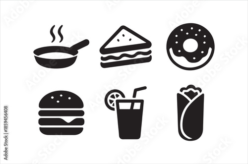 Simple black and white icons depicting various fast food and breakfast items