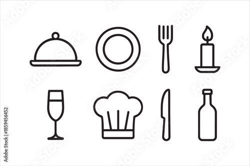 Simple black and white line icons depicting restaurant dining and cooking elements