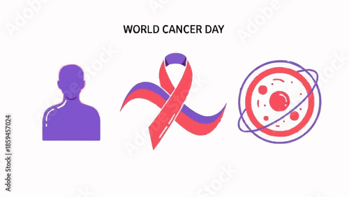 Awareness ribbon and cell illustration symbolizing cancer research and World Cancer Day