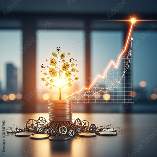 Financial growth concept a money tree sprouting from coins with gears and a rising stock market graph in the background symbolizing investment success