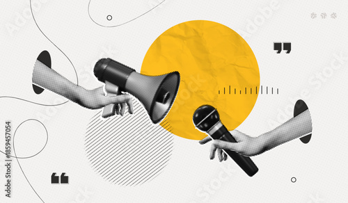 Trendy Halftone Collage Hands holding Megaphone and microphone for media interview and news. Journalist and reporter. Broadcast recording. Streaming service. Contemporary vector illustration art