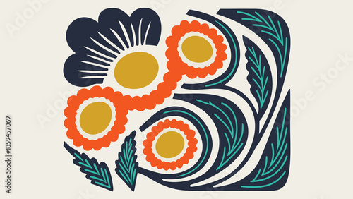 Vibrant floral design with stylized orange flowers and green leaves on a white background