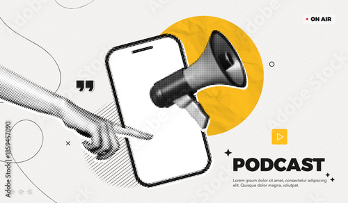 Trendy Halftone Collage Phone with Megaphone and Hand. Social media interview and news. Online podcast broadcasting. Streaming service. Contemporary vector illustration art