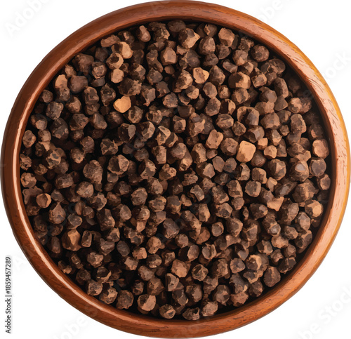 A top-down view of the whole, round container filled with seeds, isolated on a transparent background