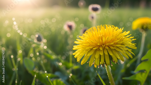 Bright yellow dandelions in sunlit meadow with dew drops vector illustration