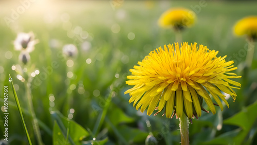 Vibrant yellow dandelions blooming in soft focus green meadow landscape
