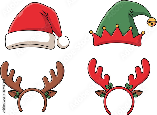 Christmas headwear illustration set, Santa elf reindeer antlers, festive costume icons, holiday accessory sketch, winter celebration design