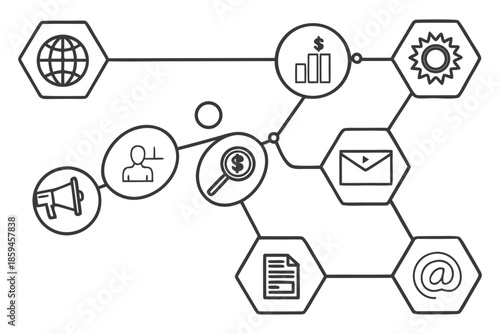 A black and white infographic illustrating business concepts and marketing strategies