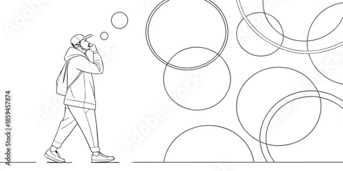 A man in a hoodie walks thoughtfully with speech bubbles around him