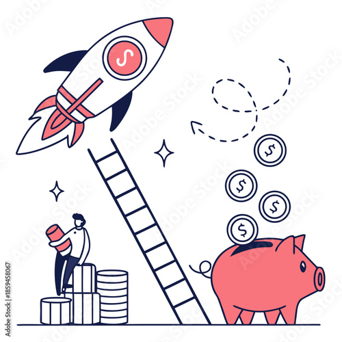 A cartoon illustration of a rocket launching from a ladder with a piggy bank and coins.
