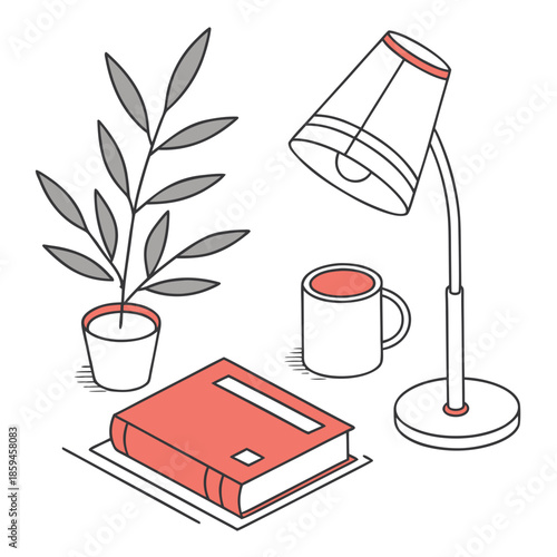 A simple still life composition with a book, lamp, and plant