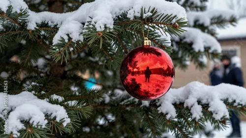 Red Christmas Ornament On Snowy Pine Branch