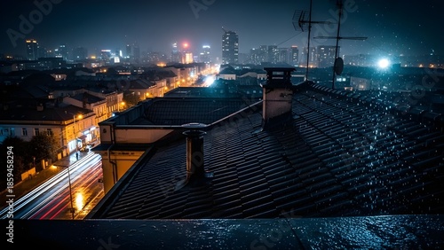 Atmospheric night cityscape viewed from a rooftop during rain, featuring glowing street lights and motion light trails in a modern urban environment.
