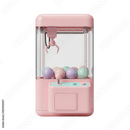 Pink claw machine with colorful balls inside, isolated on black background, fun and playful arcade game
