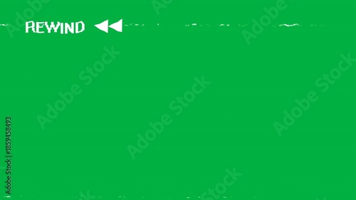 Retro VHS rewind overlay on chroma key green screen featuring pixelated text and analog static noise lines for 90s style video transitions