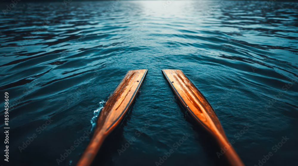 Obraz premium Wooden oars cutting through deep blue water from above, a minimalist concept of boating, rowing, and adventure travel